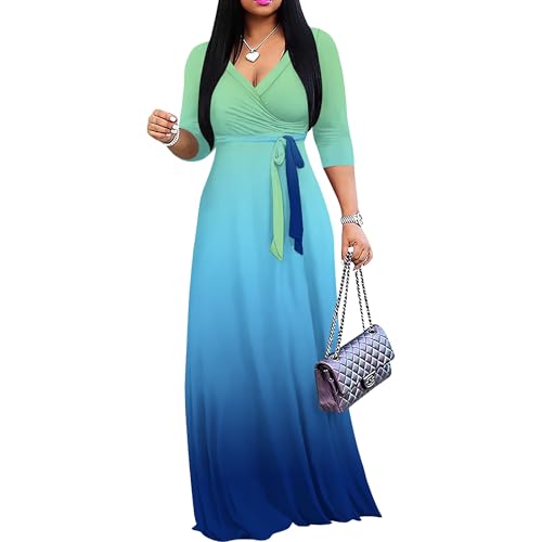 Image of PinkPatty Women's Plus Size Maxi Dress Casual 3 /4 Sleeve Dress with Belt | Soft stretch feel, printed style, flowy A-line fit, v neck, waist tie, side pockets, for vacation, party and daily wear
