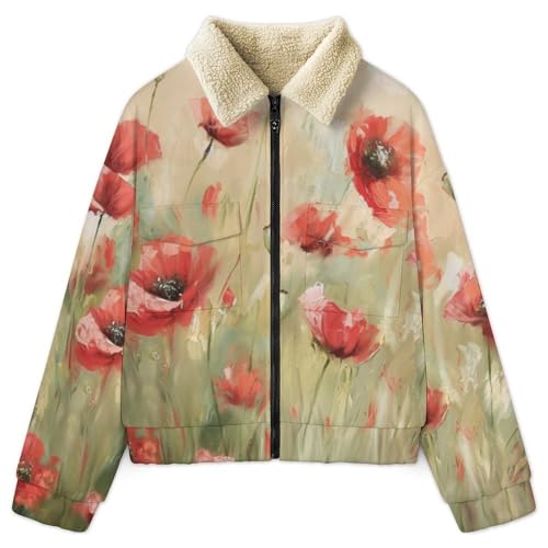 Veste polaire femme avec peinture coquelicot imprimée veste d'hiver vintage vert olive