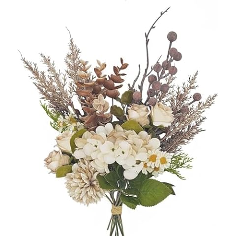 Peauley 12-inch Small Fake Silk Flowers Fall Bouquet Faux Centerpieces with Roses, Dandelions, Hydrangea, Daisies, Hollyberries - Realistic Artificial Floral Arrangements for Home Kitchen Decor Cover