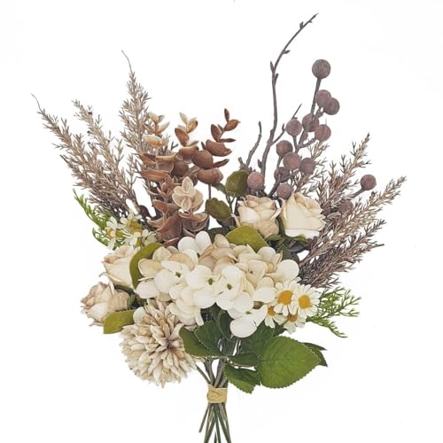 Peauley 12-inch Small Fake Silk Flowers Fall Bouquet Faux Centerpieces with Roses, Dandelions, Hydrangea, Daisies, Hollyberries - Realistic Artificial Floral Arrangements for Home Kitchen Decor