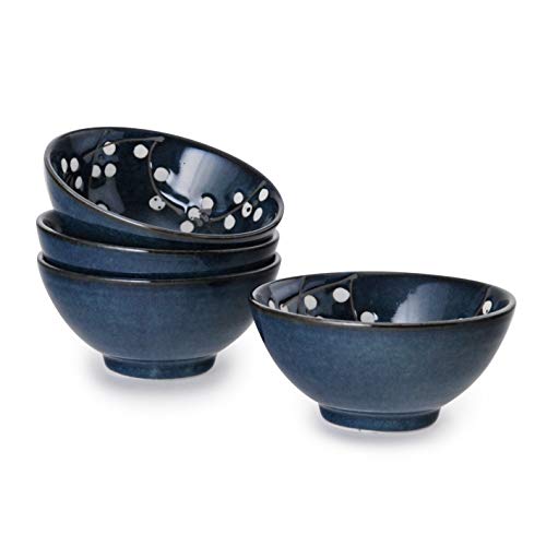 Hinomaru Collection Japanese Traditional Porcelain 4.5" D Rice Bowl Set Of 4 Cherry Blossom Sakura Assorted Colors Decorative Tableware Multi Purpose (Indigo Blue) #TOP1