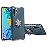 Orzero TPU + PC Hybrid Dual Layer Case for Huawei P30 Pro, Full Body Shock Absorption Heavy Duty Protection Anti-Scratch Dust Proof 360 Rotating Metal Ring Bracket Holder (Adsorbed Iron Plate)-Navy