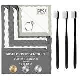 6 PCS Large Silver Polishing Cloth Kit, 3 Pack 10' x 12' Jewelry Cleaner Cloths with 3 Soft Brushes, Tarnish Remover & Scratch-Free Cleaner for Silver, Gold, Diamond, Coins, Watches, Deep Gray & Gray