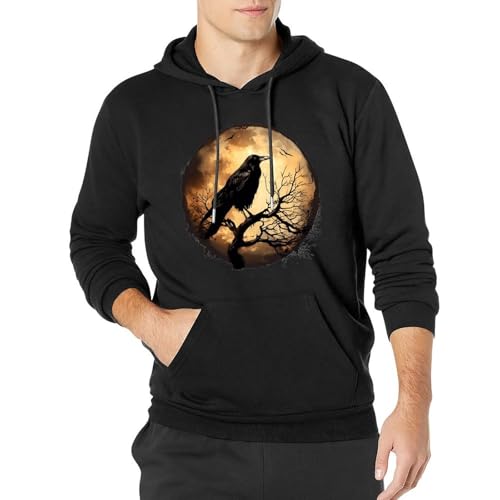 Crow And Moon Unisex Casual Hoodies Long Sleeve Lightweight Pullover Tops Loose Sweatshirt with Pocket