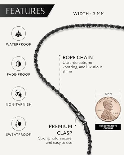 RTZN® Mens Black Chain Necklace – 3/3.5/5mm Rope Chains & Black Cuban Link Chain for Men & Women – Premium Non-Tarnish & Waterproof Mens Stainless Steel Necklace – 18/20/22/24/26" Inch4