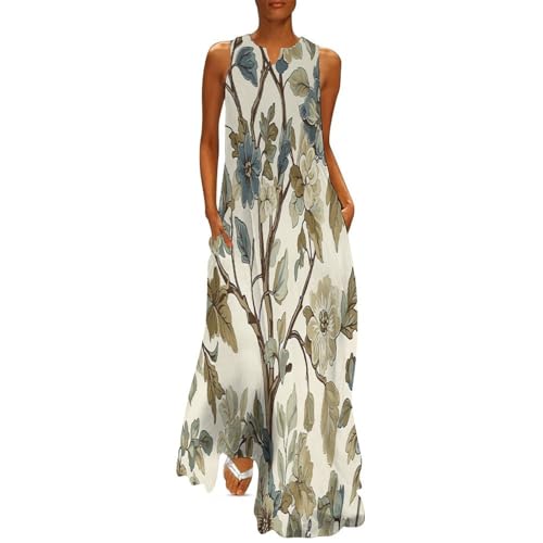 Robe longue imprimé plantes vintage grande taille d'été pour femme avec poches