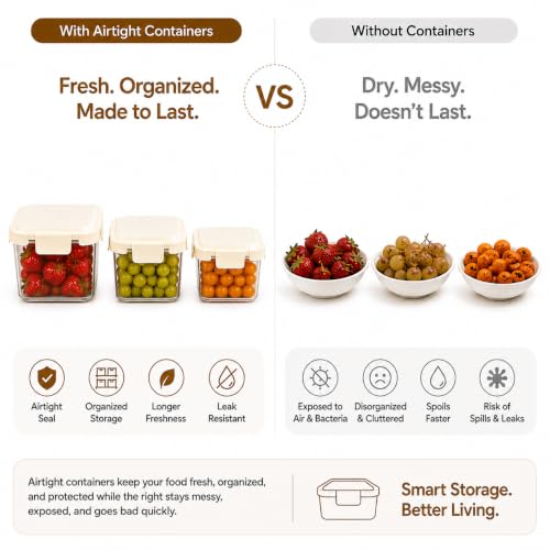 Image of Vasukie 6-Piece Airtight Plastic Food Storage Containers - Big Square Nesting Meal Prep Containers with Cream Airtight Locking Lids - Clear BPA-Free Kitchen & Pantry Storage Box Set