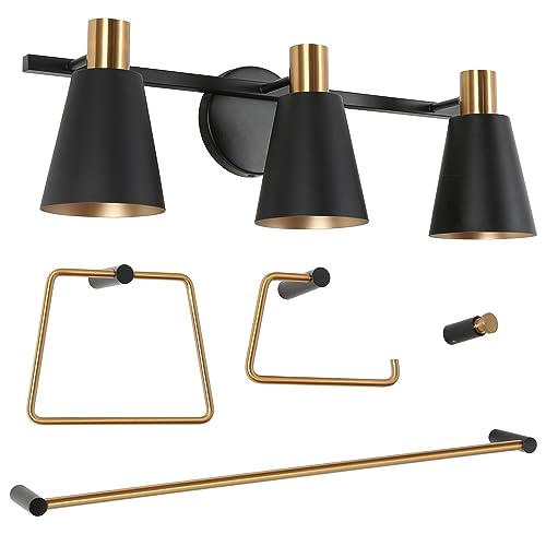 Image of KSANA Black Bathroom Light Fixtures, 5-Piece All-in-One Bathroom Set Modern Farmhouse 3 Light Vanity Lights, Towel Bar, Towel Ring, Robe Hook, Toilet Paper Holder