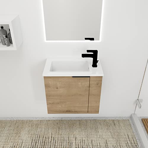 Yoluckea 22" Bathroom Vanity With Sink Combo Wall Mounted Cabinet Set, Modern Float Mounting Bathroom Vanity Set With White Ceramic Basin And Soft Close Door For Small Space Bathroom (Imitative Oak) #TOP2