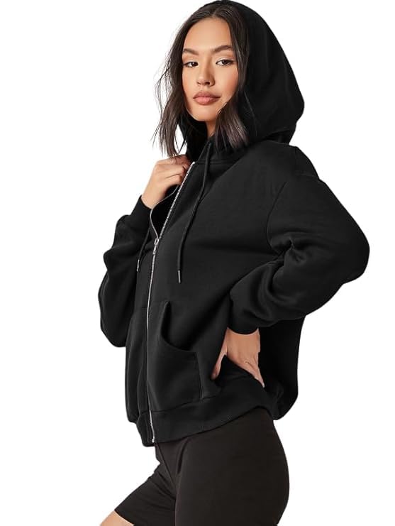 Women's Polycotton Fleece Plain Hooded Neck Full Zipper Winter Jacket Sweatshirts Casual Hoodie with Kangaroo Pocket Black-image-8