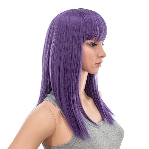 Swacc 14 Inches Short Straight Medium Shoulder Length Wig With Blunt Cut Bangs And Bottom End Synthetic Heat Resistant Hair Wigs For Women With Wig Cap (Dark Lavender Purple) #TOP2