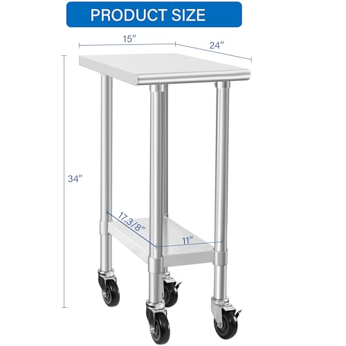 Image of HARDURA Stainless Steel Commercial Table Prep & Work Table with Casters Heavy Duty Metal Table with Wheels NSF 430 24x15 Inches