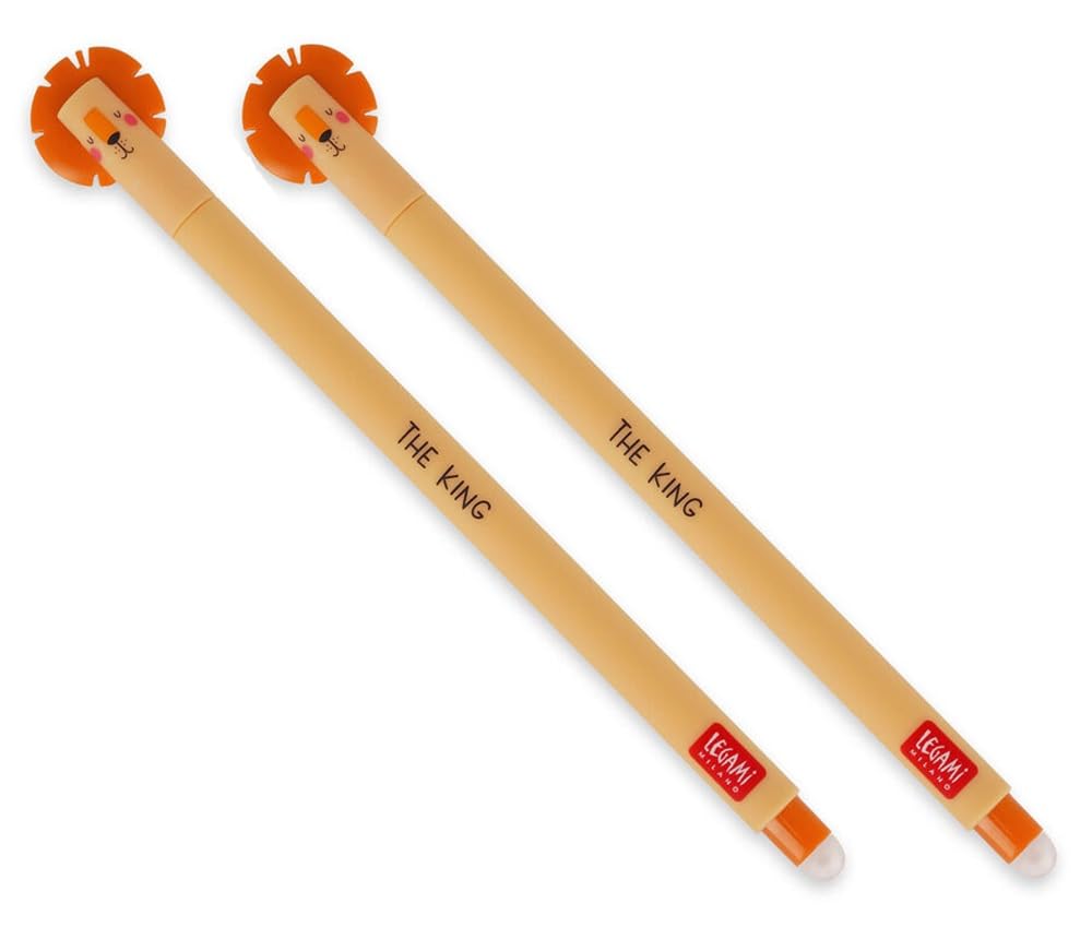 LEGAMI Erasable Gel Pen - Lion, Thermosensitive Ink, 0.7 mm Tip Diameter, 15 cm Length, Orange Ink (Pack of 2)