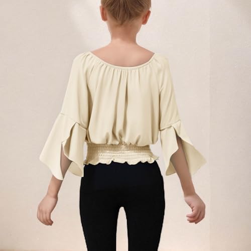 Girls Off Shoulder Tops Bell Long Sleeve T-Shirts Summer Soild Color Casual Smocked Tunic Shirts4