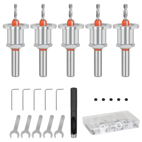 SUPAWAY 5pcs Brocas avellanadora ajustable Avellanador de 8 mm con tope de profundidad HSS countersunk con llave hexagonal y tornillo Brocas de acero aleación para taladrar madera 2,8+3+3,2+3,5+4,0 mm