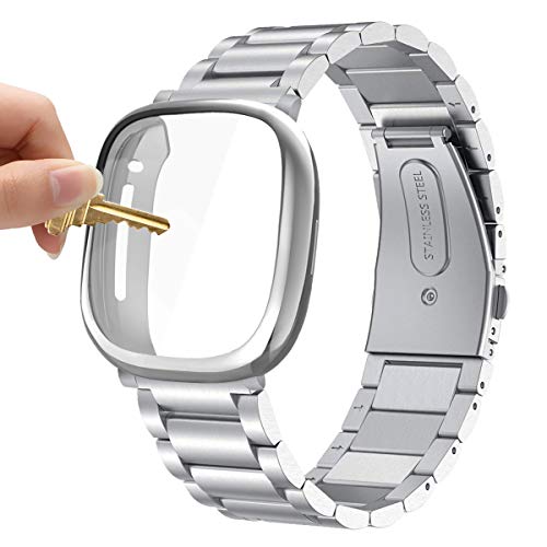 Maxjoy Compatible with Fitbit Sense/Versa 3 Bands, Versa3 Metal Band Large Stainless Steel Bracelet Wristband with Protective Case for Men Women Compatible with Fitbit Sense/Versa 3 Watch, Silver