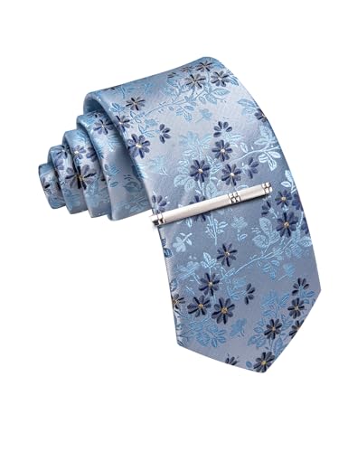 Image of Barry.Wang Floral Ties for Men Flower Necktie with Tie Clip Formal