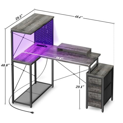 L Shaped Gaming Desk with 2 Fabric Drawers - Reversible Computer Desk with Power Outlet & LED Lights, 48\" Corner Desk with Monitor Stand & Storage Shelves, Office Study Table with Pegboard, Grey Oak
