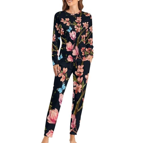 Pyjama femme ensemble sleepwear Fleur De Papillon T-shirt manches longues pantalon