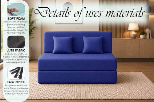 Image of Sofa Cum Bed with Jute Fabric, Convertible Two Seater Sofa Bed 4x6 Ft, Comfortable Cushioned Seating, Space Saving Design for Living Room, Bedroom & Guest Room - Blue Color