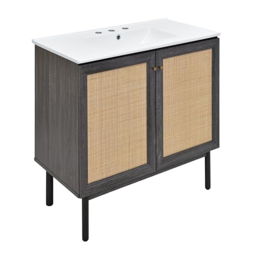 Image of Swiss Madison Classe 36 in. Black Oak Bathroom Vanity with White, 3-Hole Ceramic Sink Top