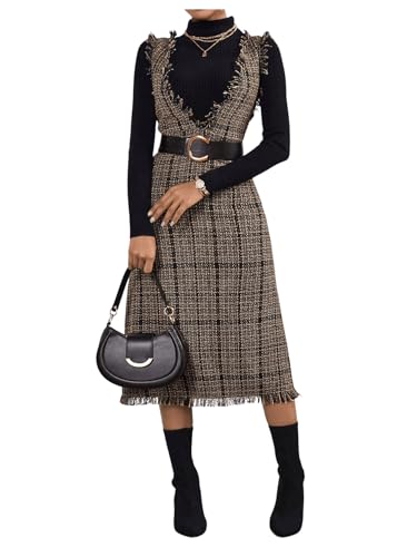 Image of OYOANGLE Women's Plaid Print Sleeveless V Neck Raw Trim Overall Dress Work Causal Pinafore Dresses