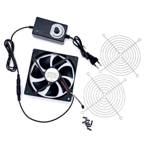 JZK 0.3A DC 12V Ventilador refrigeración 12cm con control velocidad ajustable, 12025 ventilador sin escobillas con rejilla metálica para ventilador mascotas, máquina hielo, caja PC, 120mm x 25mm