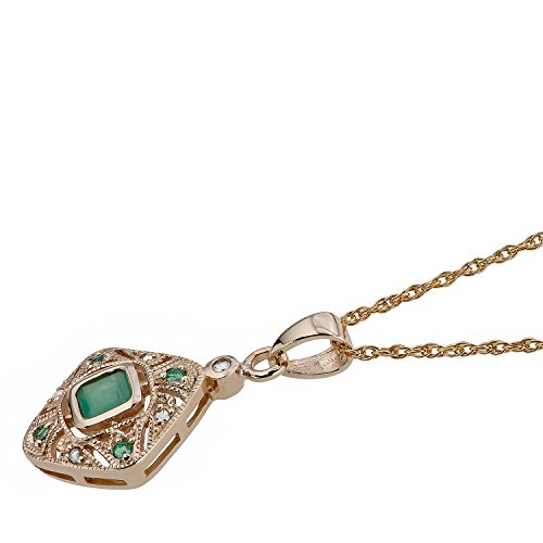 10K Yellow Gold Vintage Style Emerald And Diamond Pendant Necklace #TOP1