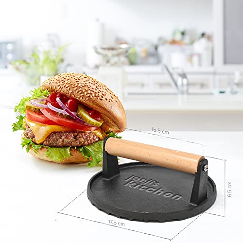 Joeji's Kitchen gietijzeren burgerpers met antiaanbaklaag, zware gietijzeren burgerpers met cool touch houten handvat, geribbelde burgerkraker om perfecte schroeistrips te creëren - Image 3