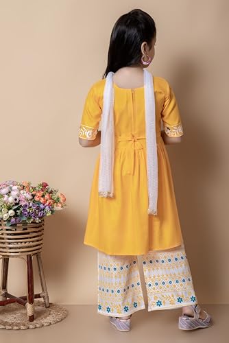 Image of New Badshah Dressesn Indian Ethnic Kids Girls Kurta Straight Pant with Silky Dupatta Dress Set, Cotton Rayon Fabric