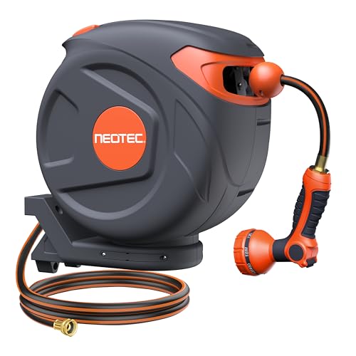 Retractable Garden Hose Reel 1/2" x 82 ft 9 Pattern Nozzle Any Length Lock Wall-Mounted Automatic Slow Return 180° Swivel UV Resistant Heavy Duty Hose Reels for Outside