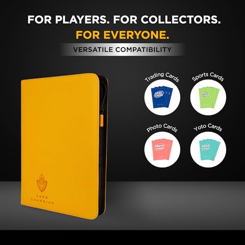 Image of Card Guardian - 9 Pocket Premium Black Binder with Zipper for 360 Cards - Side Loading Pockets for Trading Card Games TCG (Yellow)
