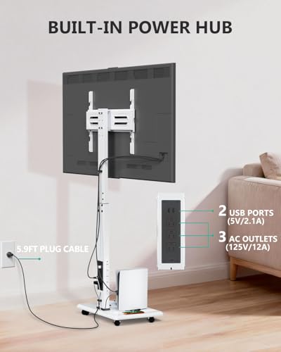 Image of WALI Rolling TV Stand with Power Outlet, Mobile Tall TV Stand Mount on Wheels for 39-75 inch TV up to 110 lbs, Swivel Height Adjustable TV Cart with Wood Base for Bedroom(TVDVD-7PRW), White