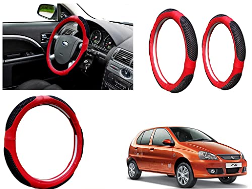 Image of Microfiber Car Steering Wheel Cover, Soft Padding Great Hand Feel, Anti-Slip, Faux Leather Steering Cover for Tata Indica | Black Red Jali - Pack of 1