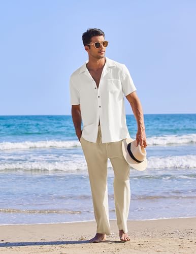 Image of COOFANDY Men 2 Piece Linen Outfit Beach Button Down Shirt Casual Loose Pant Sets