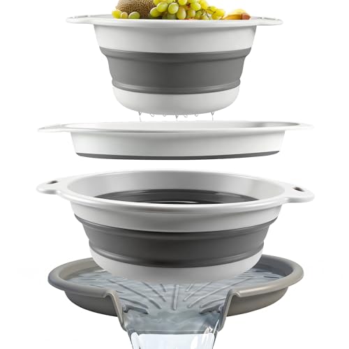 3 Pcs Collapsible Colanders 3 Sizes (3QT 4QT & 5QT) Food Strainers with Over-Sink Draining Base Space-Saving Kitchen Colander Set for Pasta Fruits & Vegetables White