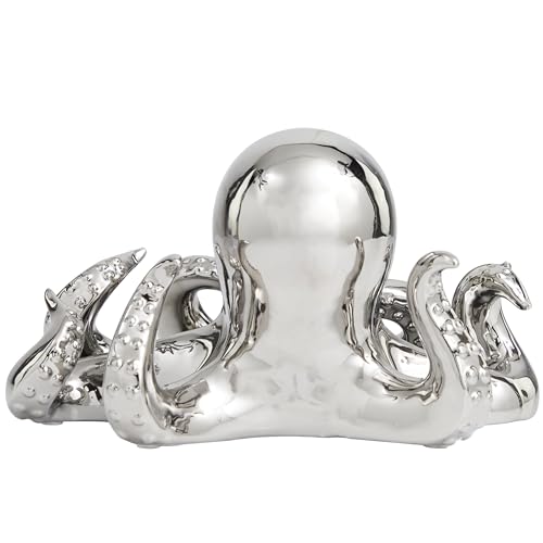 Image of Deco 79 Ceramic Octopus Decorative Sculpture Home Decor Statue with Textured Tentacles, Accent Figurine 12 inch x 11 inch x 7 inch, Silver