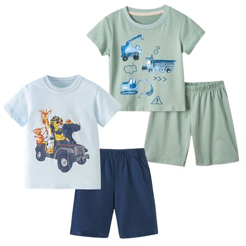 Image of Baby Boys' Summer Clothing Set, 2 Piece Cotton Toddler Boy Outfits 2-6T | Short Sleeve T Shirt and Short, Soft Breathable Infant Boy Clothes, Crewneck, Elastic Waist Shorts, Dinosaur /Car Print