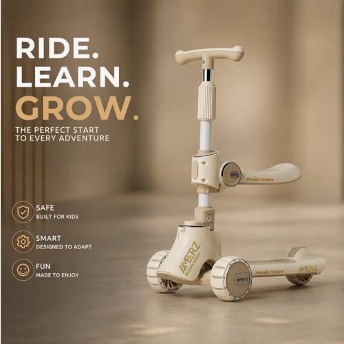 Image of 3-in-1 Convertible Foldable Kids Skating Style Cycle Kick Scooter for 3-14 Years Old Kids with 5-Level Height Adjustable Handle | LED PU Flashing Wheels | Max Capacity 75 Kg.(Sand Beige)