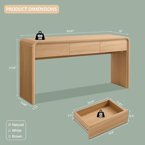 Aitjunz 63'' Console Table with 3 Drawers, Modern Entryway Table with Curved Profile Design, Narrow Long Wood Sofa Table Behind Couch Table for Living Room, Hallway, Foyer, Natural - Image 3