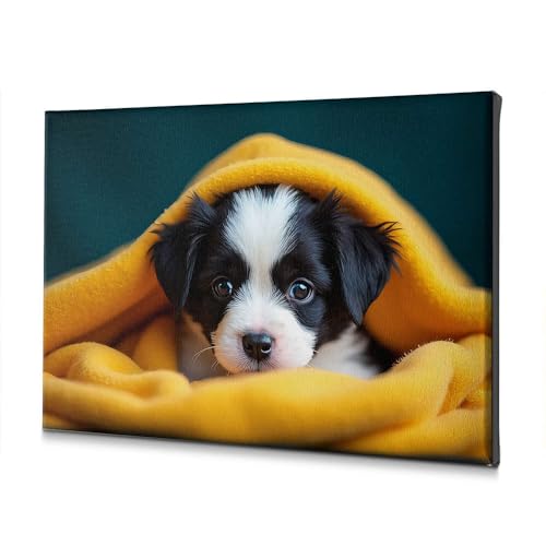 Toile baptême chiot jaune 30x40 cm pour déco murale