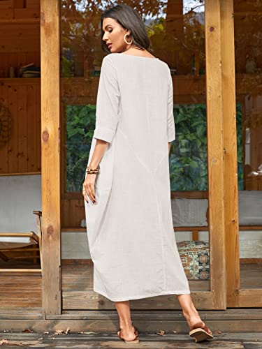 Image of Celmia Autumn Solid Loose Long Maxi Dress Cotton Caftan