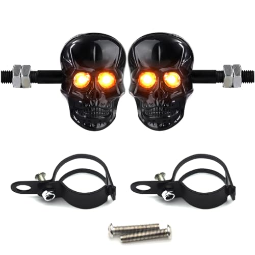 Cuhubyup Skull Head LED Amber Turn Signal Motorcycle Turn Signals Universal 10mm Screw Blinkers Indicator Light(Black)