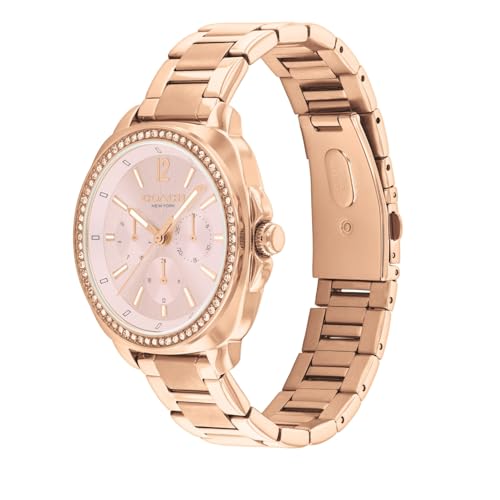 Image of Coach Kitt Qtz Multifunction Blush Tonneau Dial Women's Watch|Ionic Plated Rose Gold Steel Material|Rose Gold Color Band - 14504399