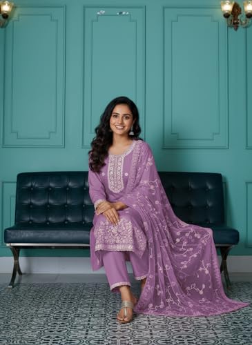 Image of SHIENZY Women's Embroidered Kurta Pant Set with Dupatta | Straight Kurta Set for Women | Ethnic Kurta Set for Women, Traditional Indian Kurta Pant Dupatta Set
