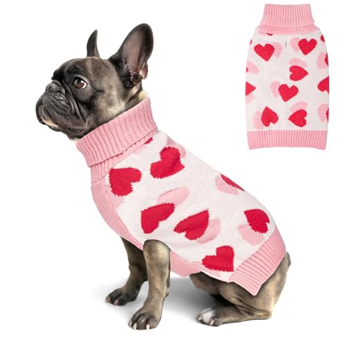KYEESE Valentines Dog Sweater, Stretchy Pullover Dog Sweaters for Small Dogs, Comfy Dogs Coat with Leash Hole, Soft Turtleneck Small Pet Sweater, Warm Pet Clothes with Heart Print, L