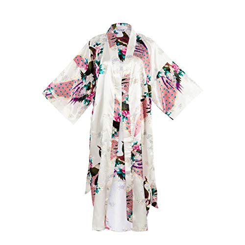 Asian Home Flower Peacock Satin Silk Kimono Robe Dressing Gown Bridal Gift (White)