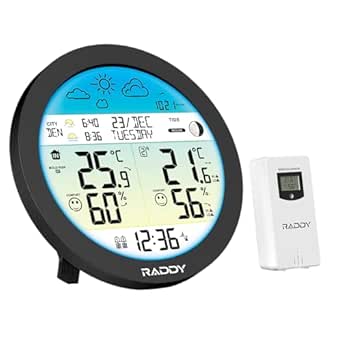 Raddy DT7 Weather Station – Smart Round HTN Display | Indoor/Outdoor Temp &amp; Humidity | Sunrise/Sunset | Barometric Pressure | Dual Alarm Clock