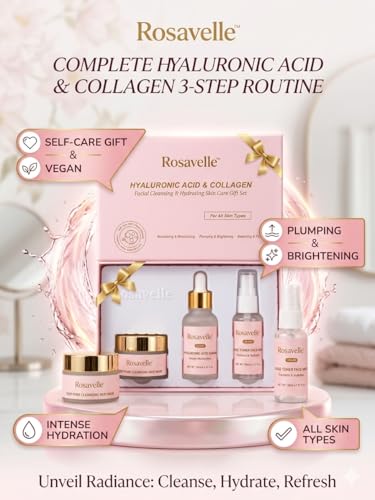 Rosavelle Vegan Skincare Kit For Women | Hyaluronic Face Serum Rose Toner Mist Collagen Mud Mask Combo | Hydrating Brightening Deep Pore Cleansing Glow Skin Care Set for Clear Smooth Radiant Skin