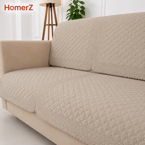 Image of Homerz Premium Petal Charm Sofa Cover | Embossed Floral Pattern | Soft Touch, Anti-Dust & Easy Wash Fabric Cloth, Washable and Durable (Beige, 5(3+1+1) Seater, Seat Cover with Backrest)